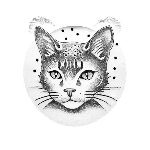 A dotwork tattoo depicting a theater stage with roses as the backdrop, with a cat sitting in the spotlight tattoo design idea