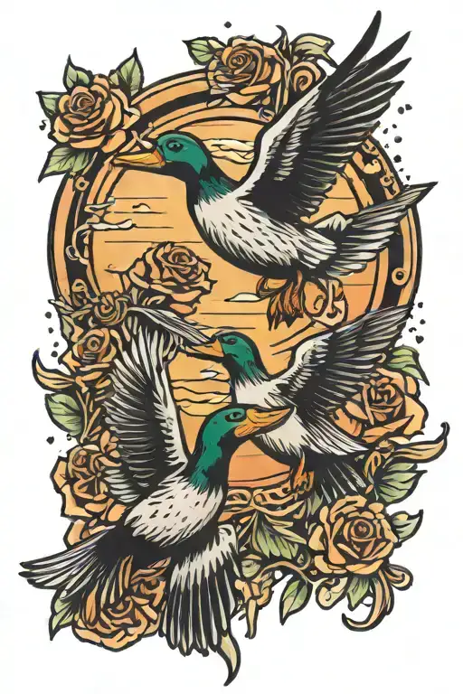 money falling ducks flying into sunset with rose and croww tattoo design idea