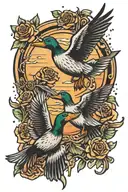 money falling ducks flying into sunset with rose and croww tattoo design idea