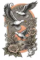 money falling ducks flying into sunset with rose and croww tattoo design idea