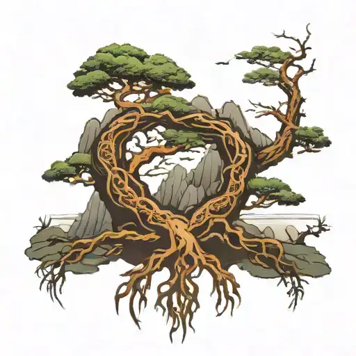 tree growing with roots mirroring the top and a dragon wrapped around the roots, with mountain, sky and ocean background tattoo design idea