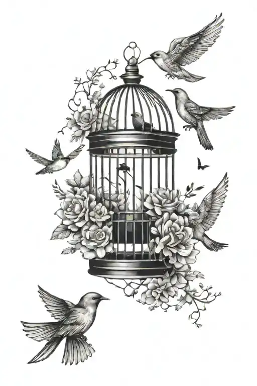 nature, Bird Cage, flowers, birds flying away tattoo design idea