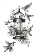 nature, Bird Cage, flowers, birds flying away tattoo design idea
