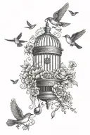 nature, Bird Cage, flowers, birds flying away tattoo design idea