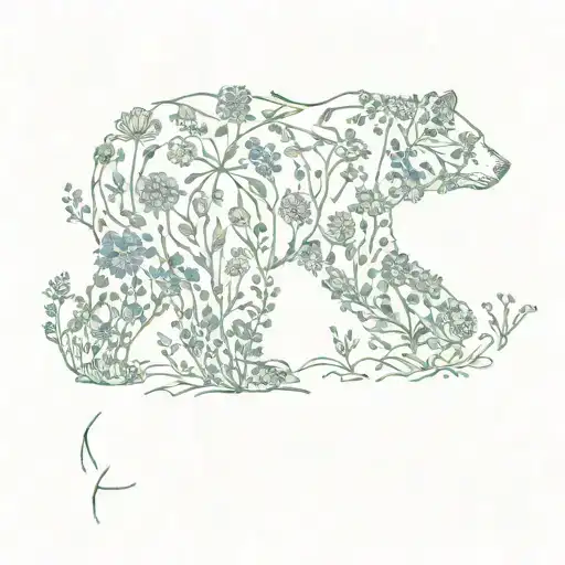 The outline of. walking bear made up entirely of wildflowers including honeysuckle vine tattoo design idea