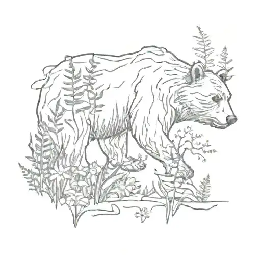 The outline of a walking bear filled in with weeds, ferns, and wildflowers tattoo design idea