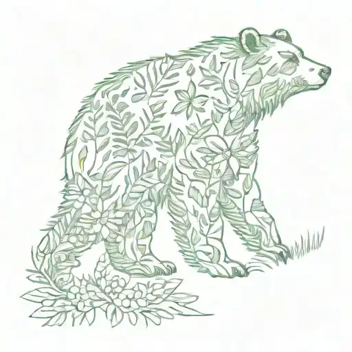The outline of. walking bear made up entirely of weeds, ferns, and wildflowers tattoo design idea