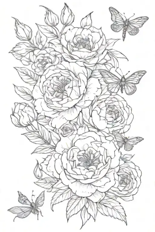 roses peonies tulips heads with some greenery, a butterfly and a dragonfly  tattoo design idea