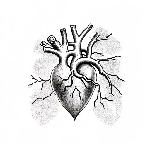 tattoo sketch of a Human heart with an almond tree branch growing out of its artery, centered, approaching perfection tattoo design idea