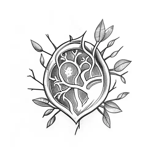 tattoo sketch of a Human heart with an almond tree branch growing out of its artery, centered, approaching perfection tattoo design idea