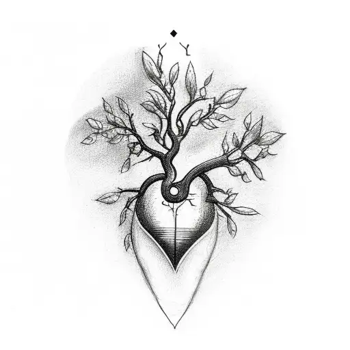 tattoo sketch of a Human heart with an almond tree branch growing out of its artery, centered, approaching perfection tattoo design idea
