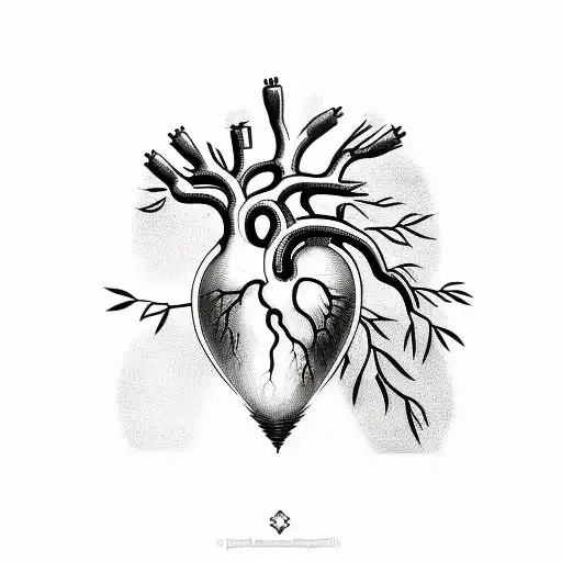 tattoo sketch of a Human heart with an almond tree branch growing out of its artery, centered, approaching perfection tattoo design idea