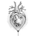tattoo sketch of a Human heart with almond tree branch growing out of its artery, centered, approaching perfection, the  tattoo design idea