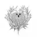 tattoo sketch of a Human heart with almond tree branch growing out of its artery, centered, approaching perfection, the  tattoo design idea