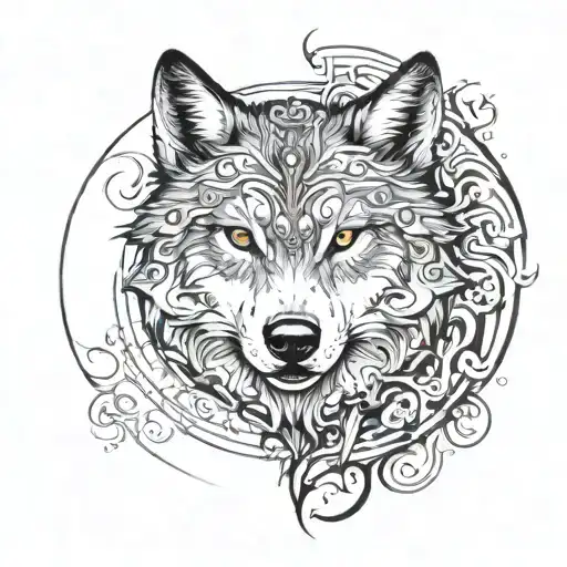 Imagine a medium-sized, circular tattoo with a stylized wolf's head at its center, surrounded by intricate, swirling pat tattoo design idea