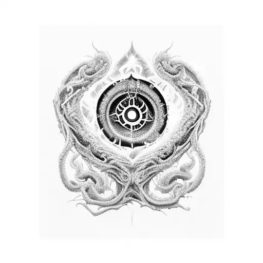 An intricate design of a professor's desk adorned with Lovecraftian symbols and the ominous presence of the King in Yellow, showcasing the fusion of academia and cosmic horror. tattoo design idea