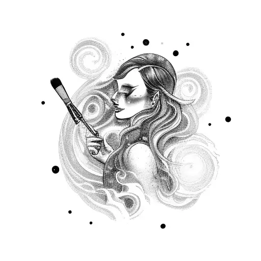 A celestial goddess gracefully holding a paintbrush, surrounded by swirling galaxies tattoo design idea
