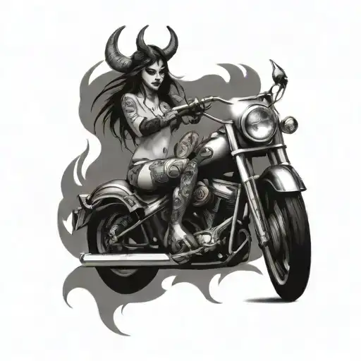 A tattoo of a sexy devil girl sitting on a Harley Davidson motorcycle, with heavy metal symbols and flames surrounding the design tattoo design idea