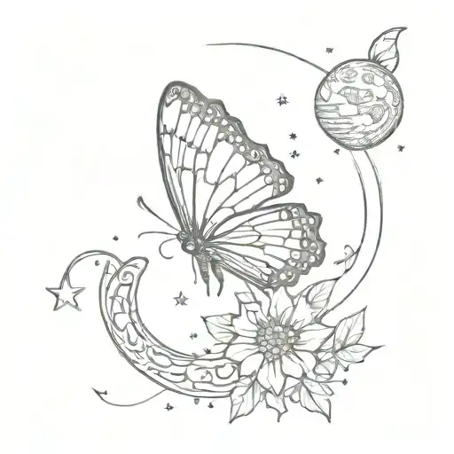 butterfly and moon with stars tattoo design idea