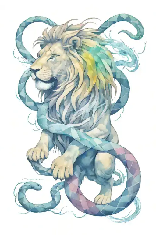 lion of Judah crushing the head of a snake with thunder and lightning as the surrounding scenery  tattoo design idea