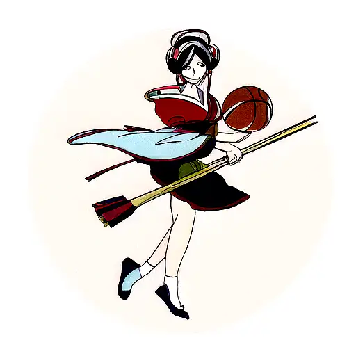 A new-school design of a Japanese geisha holding a basketball and wearing headphones tattoo design idea