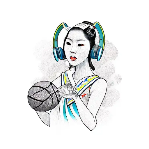 A new-school design of a Japanese geisha holding a basketball and wearing headphones tattoo design idea