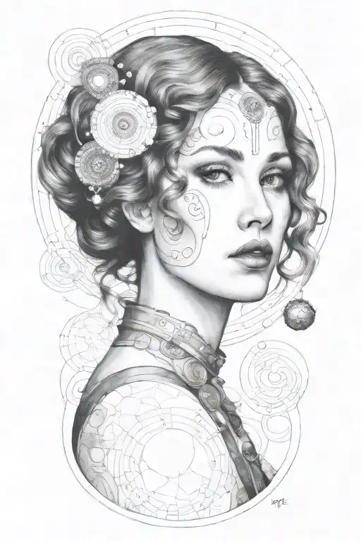 A sultry portrait inspired by Gustav Klimt's style, with a space-themed twist tattoo design idea