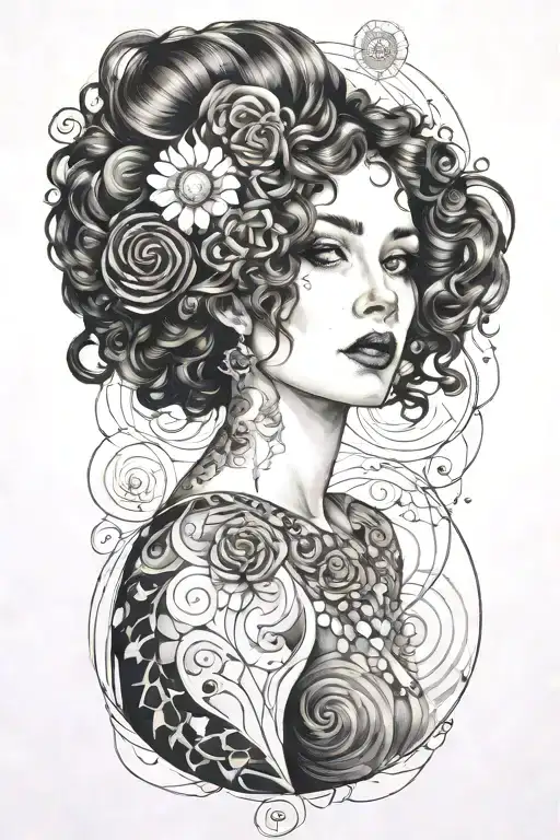 A sultry portrait inspired by Gustav Klimt's style, with a space-themed twist tattoo design idea