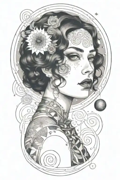 A sultry portrait inspired by Gustav Klimt's style, with a space-themed twist tattoo design idea
