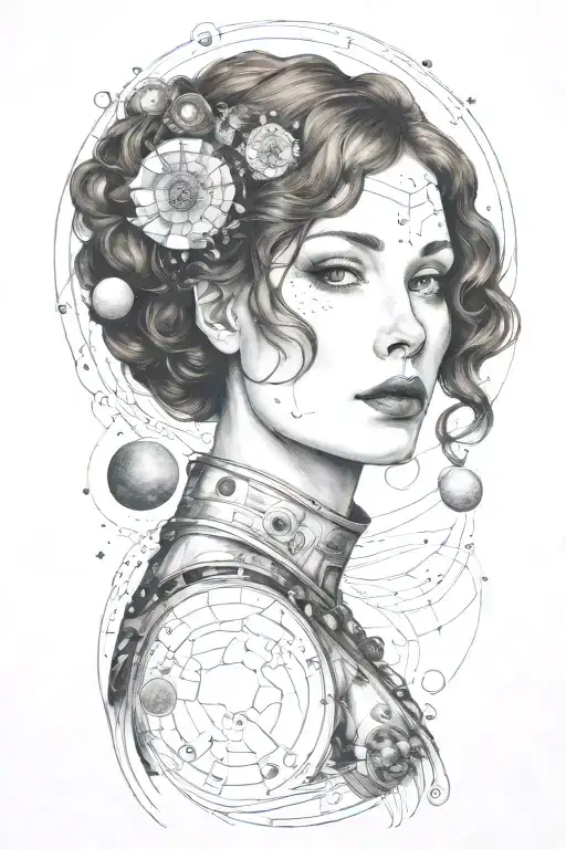 A sultry redhead woman inspired by Gustav Klimt's style, with a space-themed twist rocket tattoo design idea
