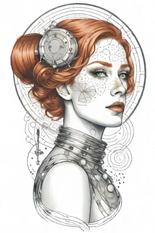 A sultry redhead woman inspired by Gustav Klimt's style, with a space-themed twist rocket tattoo design idea