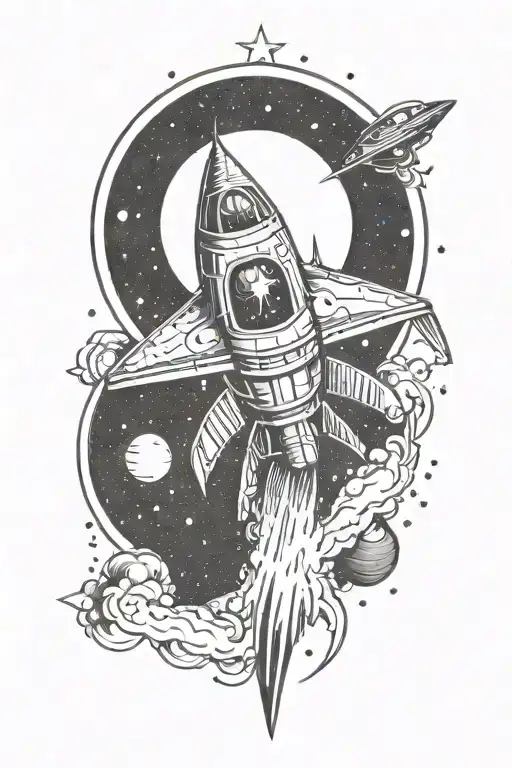 spaceship flying through a galaxy tattoo design idea