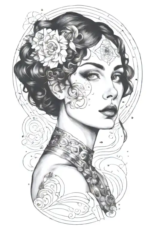 A sultry portrait inspired by Gustav Klimt's style, with a space-themed twist tattoo design idea
