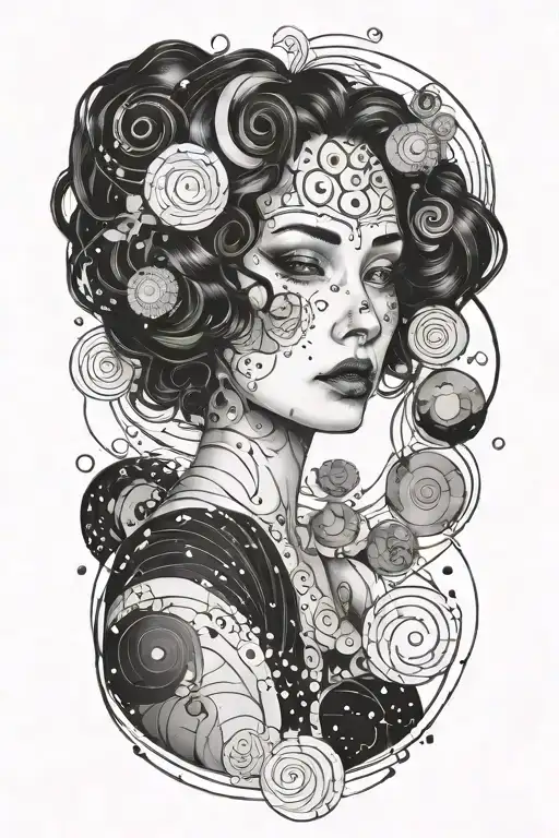 A sultry portrait inspired by Gustav Klimt's style, with a space-themed twist tattoo design idea