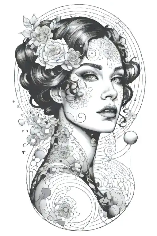 A sultry portrait inspired by Gustav Klimt's style, with a space-themed twist tattoo design idea