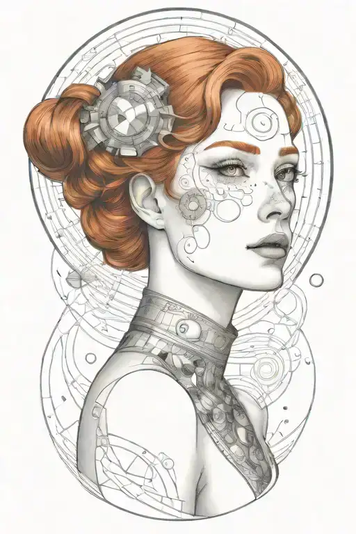 A sultry redhead woman inspired by Gustav Klimt's style, with a space-themed twist rocket tattoo design idea