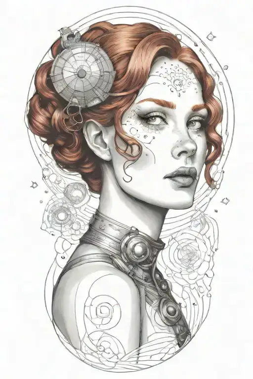 A sultry redhead woman inspired by Gustav Klimt's style, with a space-themed twist rocket tattoo design idea