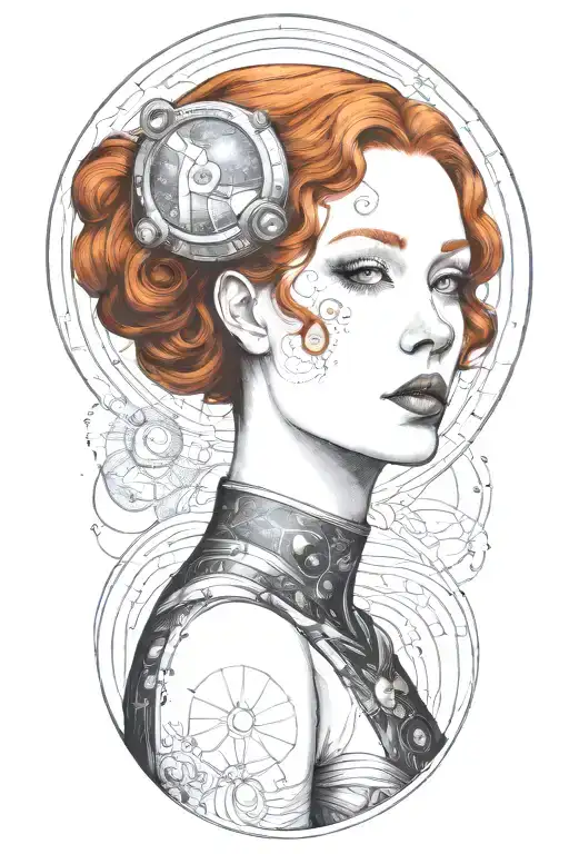 A sultry redhead woman inspired by Gustav Klimt's style, with a space-themed twist rocket tattoo design idea