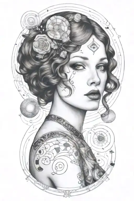 A sultry redhead woman inspired by Gustav Klimt's style, with a space-themed twist tattoo design idea