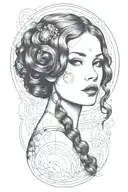 A sultry redhead woman inspired by Gustav Klimt's style, with a space-themed twist rocket tattoo design idea