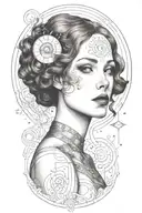 A sultry redhead woman inspired by Gustav Klimt's style, with a space-themed twist rocket tattoo design idea
