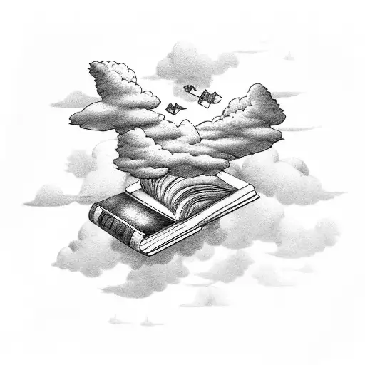 A dreamy scene of a flying book with pages made of clouds and a bridge as the bookmark tattoo design idea