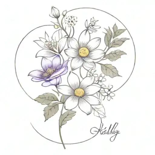violet, daisy, Lilly of peace, water lily, cosmos and holly  tattoo design idea