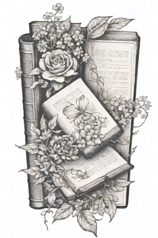books and wildflowers tattoo design idea