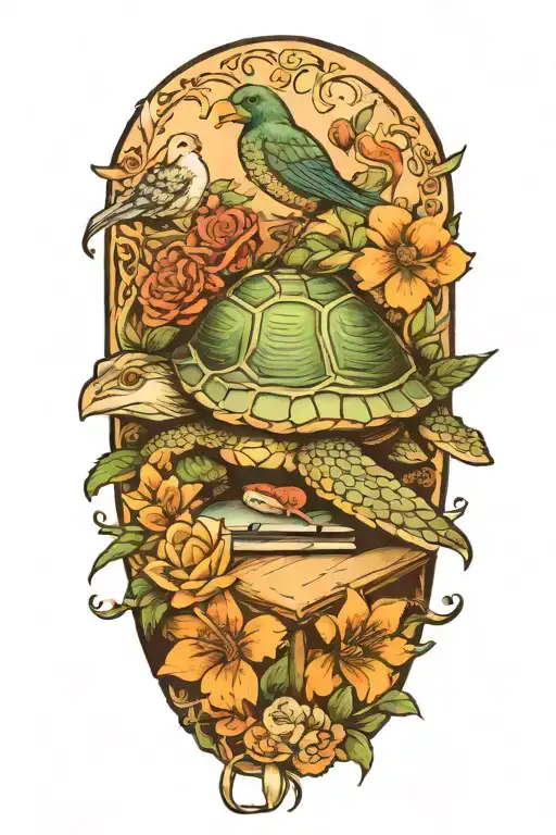 books, birds, flowers, worm riding on a turtle tattoo design idea