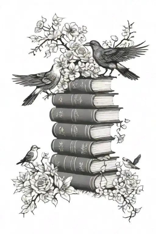 spooky books surrounded by flowers with birds  tattoo design idea