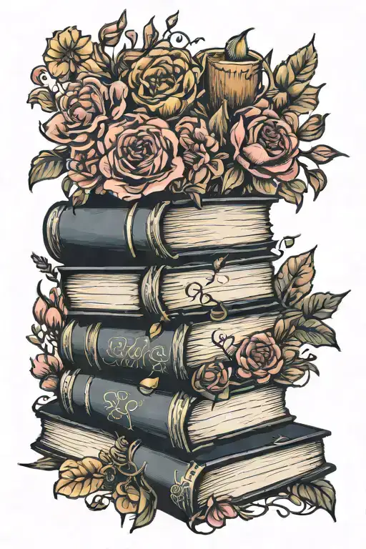 spooky books surrounded by florals tattoo design idea