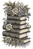 spooky books surrounded by florals tattoo design idea