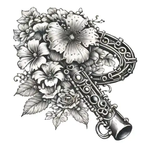 A clarinet intertwined with blooming flowers and mushrooms tattoo design idea
