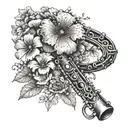 A clarinet intertwined with blooming flowers and mushrooms tattoo design idea